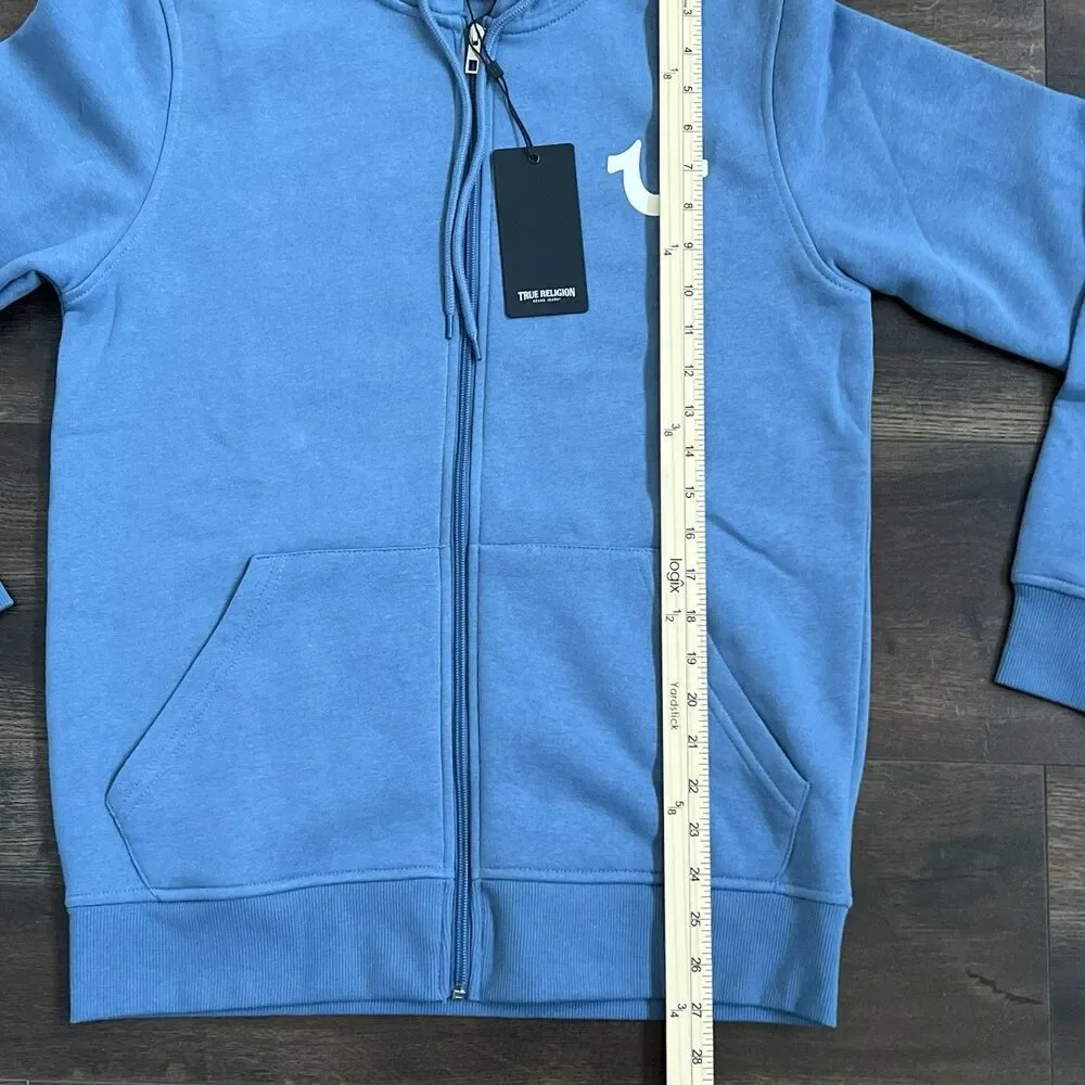 True Religion Hoodie Mens Size Small Blue Zip Up Buddha Horseshoe Logo NWT Y2K